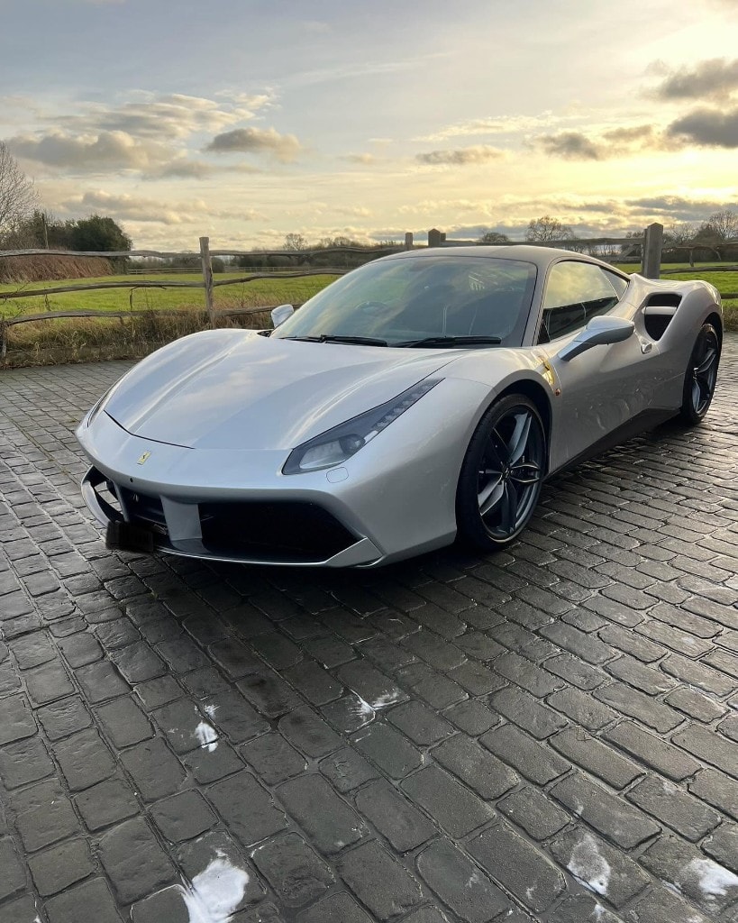 Silver Ferrari 488 GTB detailed at sunset