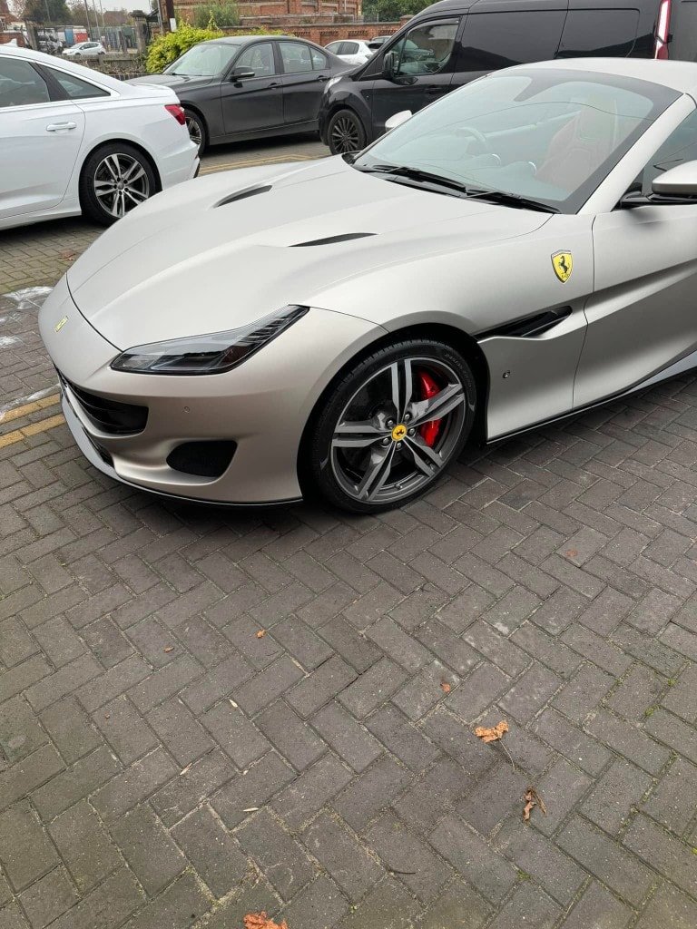 Satin silver Ferrari Portofino detailed front three-quarter
