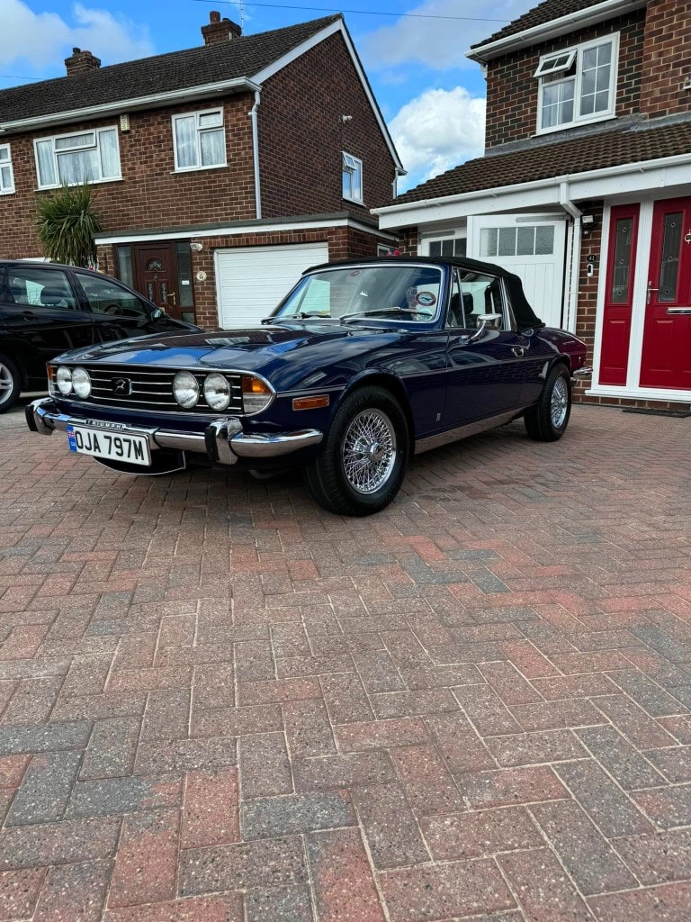 Classic blue Triumph Stag detailed front three-quarter